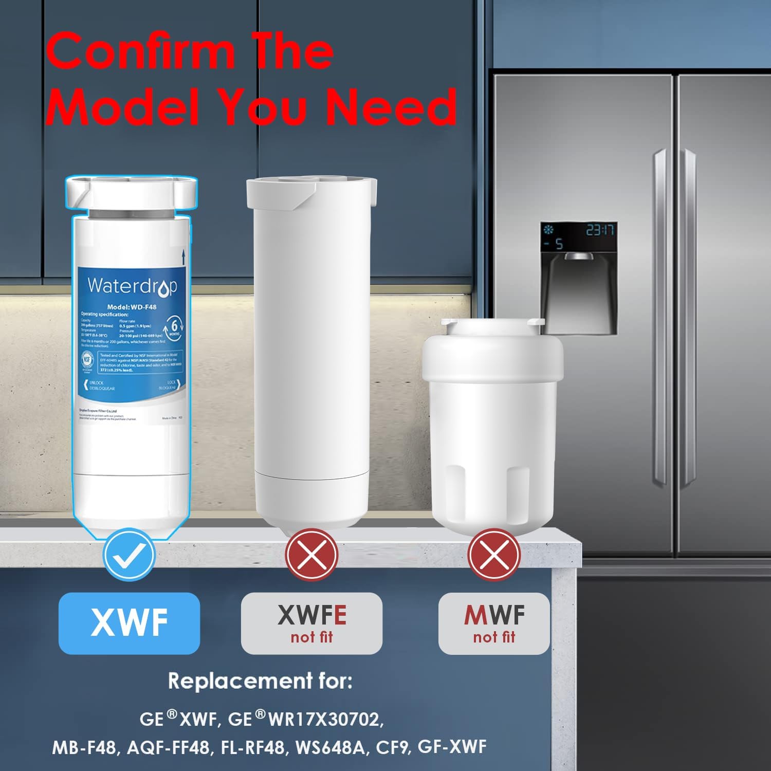 Waterdrop XWF Replacement for GE® XWF Refrigerator, GE® XWF Water Filter, WR17X30702, 3 Filters（Not XWFE®)