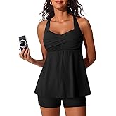 MiYang Tankini Swimsuits for Women 2026 Tummy Control Modest Flowy Two Piece Bathing Suits Top with Pockets Shorts