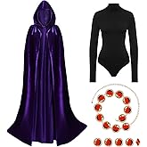 ATENTO Women's Halloween Cosplay Costume Purple Hooded Cloak Cape Long Sleeve Bodysuits with Adjustable Red Gem Waist Belt