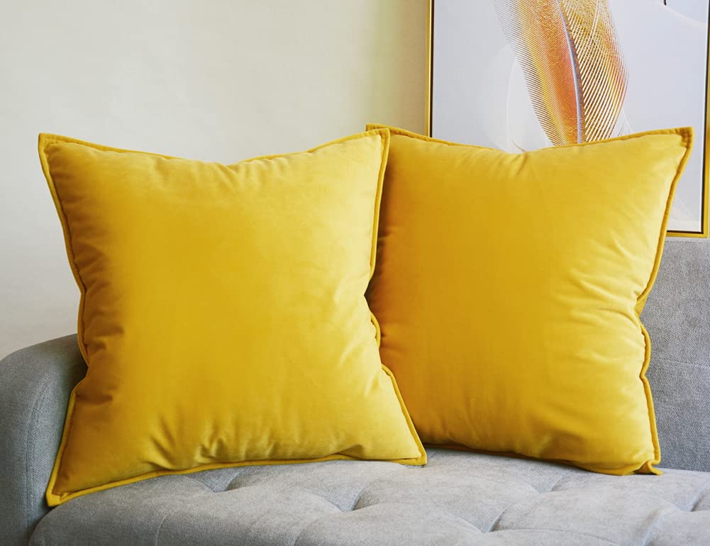 Lutanky Dark Yellow Cushion Covers Velvet 45cm x 45cm Decorative Square Throw Pillow Covers (Pack of 2) Soft Piped Pillowcases for Sofa Bedroom with Invisible Zipper 18 x 18 Inch — image 1