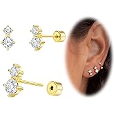 Cartilage Earrings for Women, Push-in Threadless Falt Back Earrings 14KGold Plated Stud Earrings Dainty Small CZ Pearl Opal Hypoallergenic Surgical Steel Earrings for Helix Piercing