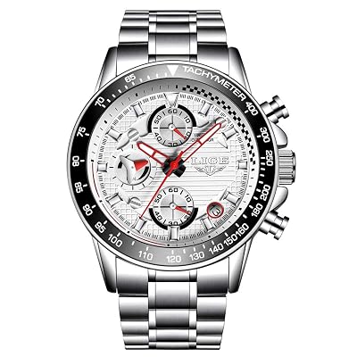 Men&amp;#39;s Business Quartz Watch Silver Stainless Steel Band Waterproof Chronograph Casual Watches LG9837 White