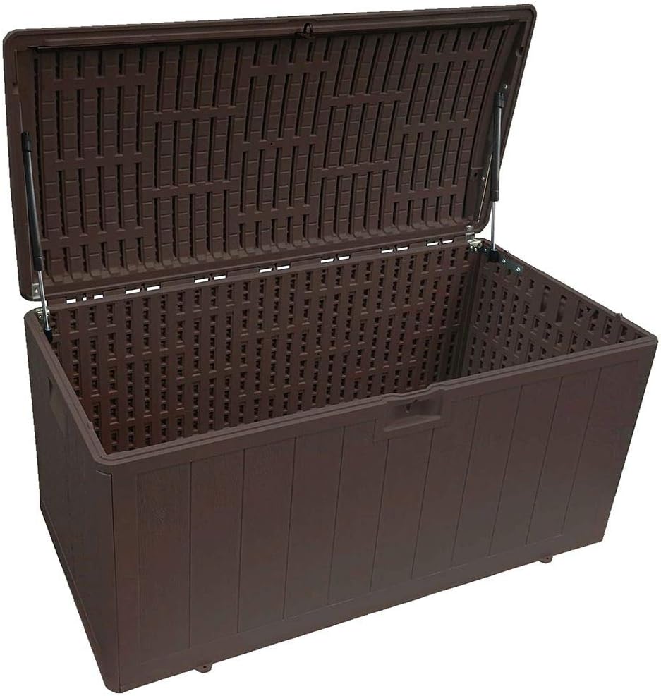 Plastic Development Group 105-Gallon Weather-Resistant Plastic Resin Outdoor Patio Storage Deck Box with Gas Shock Lid, Java Brown: Home Improvement