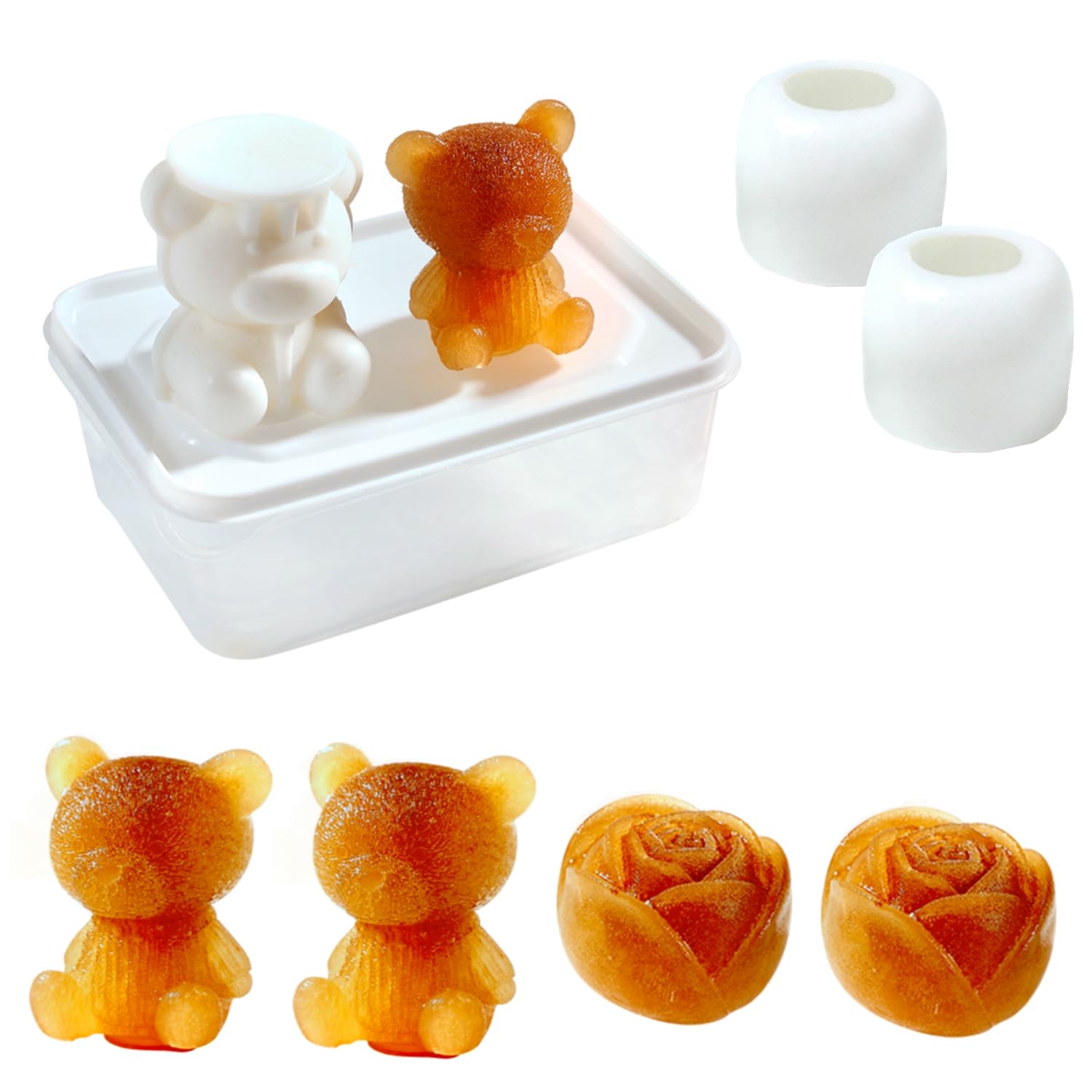Doumiyo Large Ice Cube Molds, Bear & Rose Silicone Freezer Molds, Silicone Ice Cube Trays with Lid and Bin, 3D Ice Molds for Bourbon Cocktails Whiskey