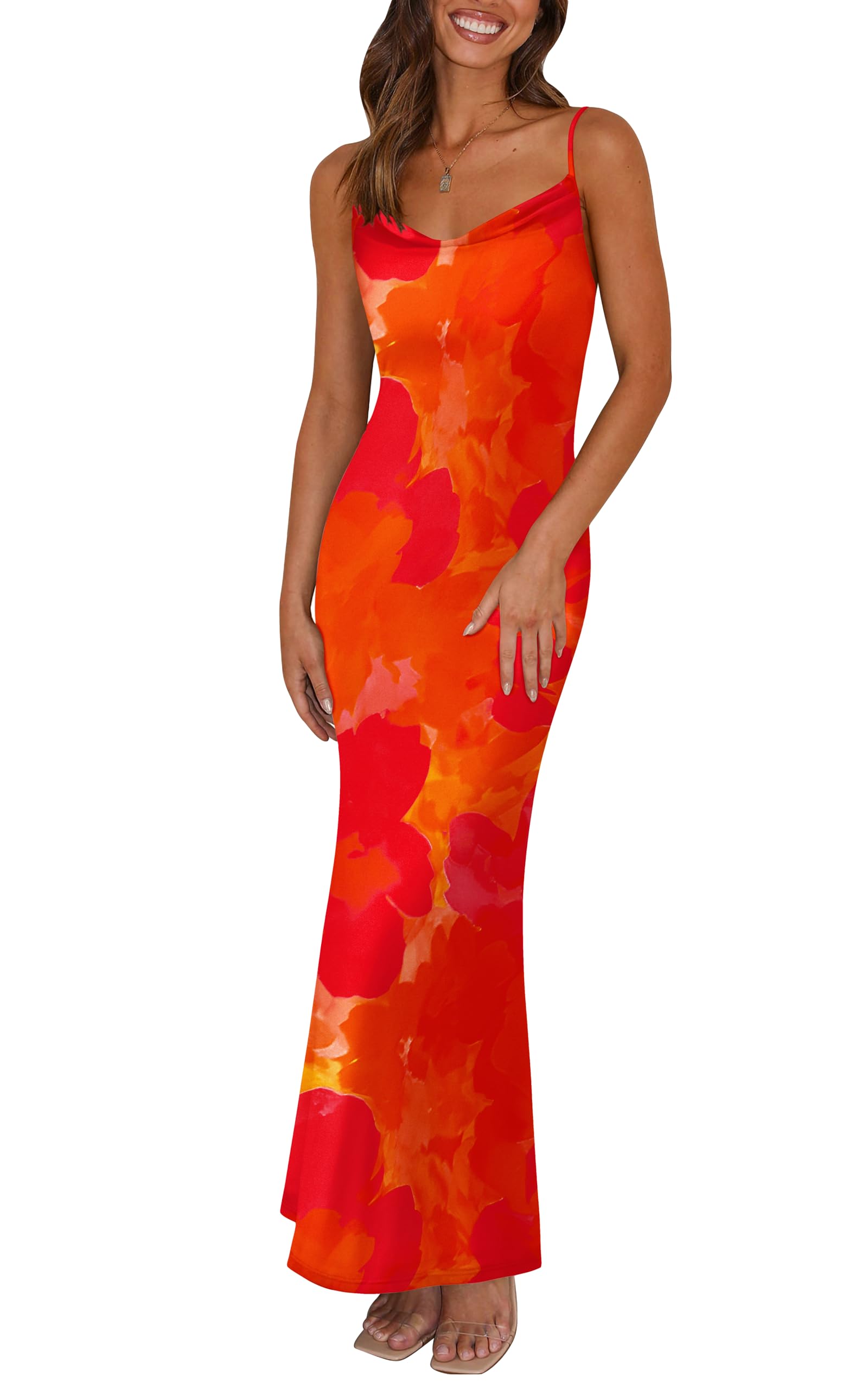 Photo 1 of PRETTYGARDEN Women's 2025 Summer Floral Spaghetti Strap Maxi Dress Stretch Sexy Bodycon Dress Backless Slip Long Dresses (Orange Red Big Floral,Large)