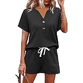 AKEWEI Womens Two Piece Outfits Summer Lounge Sets Tracksuit V Neck Buttons Down Tops and Shorts Set with Pockets