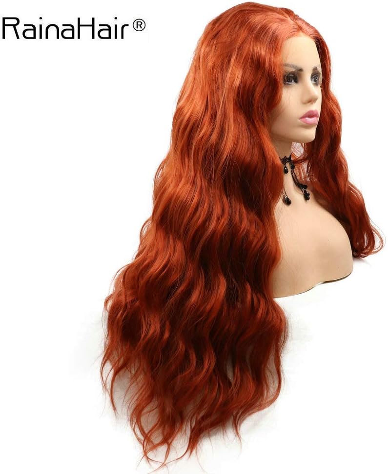 RainaHair 24inch Copper Red Long Water Wave Cosplay Women Wigs Orange Synthetic Lace Front Wigs Natural Looking Heat Resistant Fiber Hair for Ladies Party - Image 4