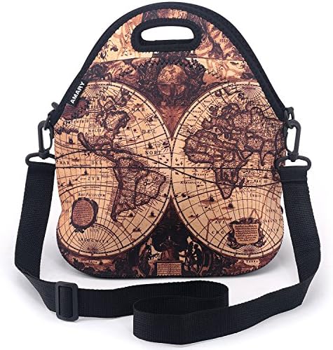 AMARY Neoprene Insulated Tote Picnic Lunch Shoulder Bags with Movable Adjustable Strap for Girls Women Men Boys (Map)