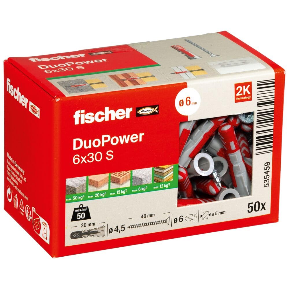 fischer DuoPower 6 x 30 S, powerful universal plug with safety screw, intelligent 2-component technology for fastenings in concrete, bricks, stone, gypsum plasterboard, etc., 50 plugs & 50 screws