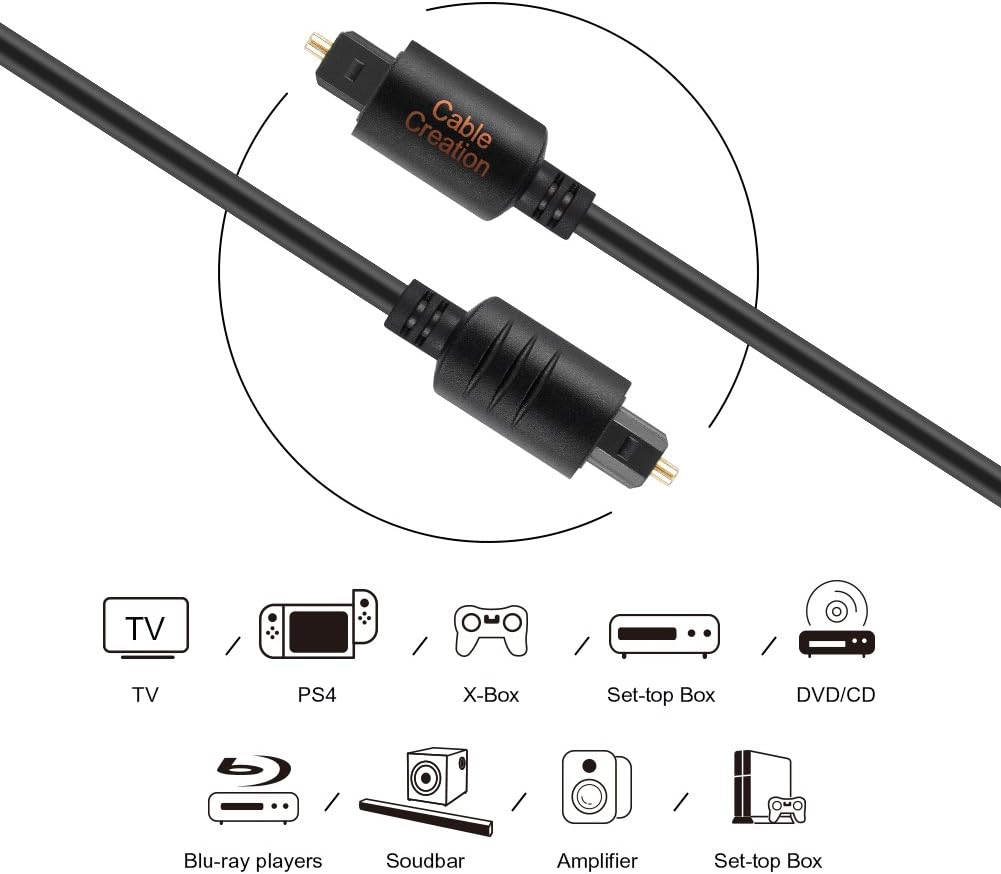 12FT Digital Optical Audio Cable, CableCreation Toslink Cable Male to Male Digital Optical Cable with Gold-Plated Connector for Home Theater, Sound Bar, VD/CD Player,Blu-ray Players,Game Console&More: Electronics