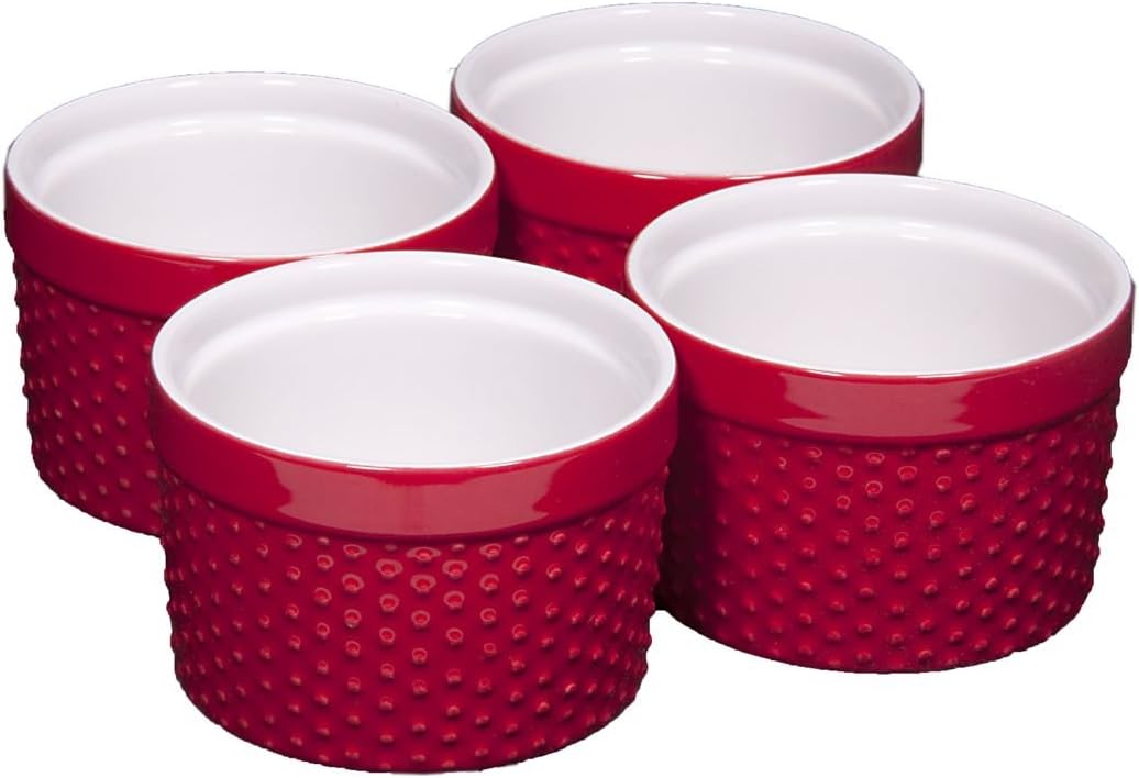 Round Porcelain Ramekin Dessert Dish, Set of 4 - Oven Safe Souffle Baking Dish, 8-oz (Red)