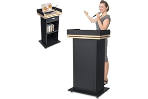 JINRRENYI Wooden Podium with Large 3 Levels of Storage, 43" Modern Wood Podium with Wheels, Pulpits for Churches Portable Lectern Stand with Mic Hole for Churches, Office, School,Conference, Meeting