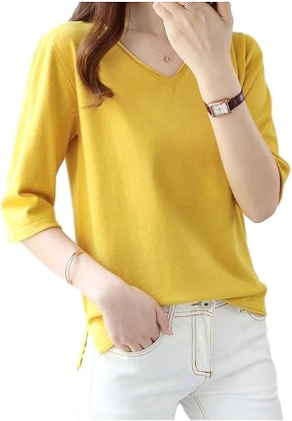 Amazon グリーンティー トップス レディース 春 無地 カットソー 薄手 シンプル シャツ 五分袖 半そで V ネック デコルテ キレイ Tシャツ カットソー 通販