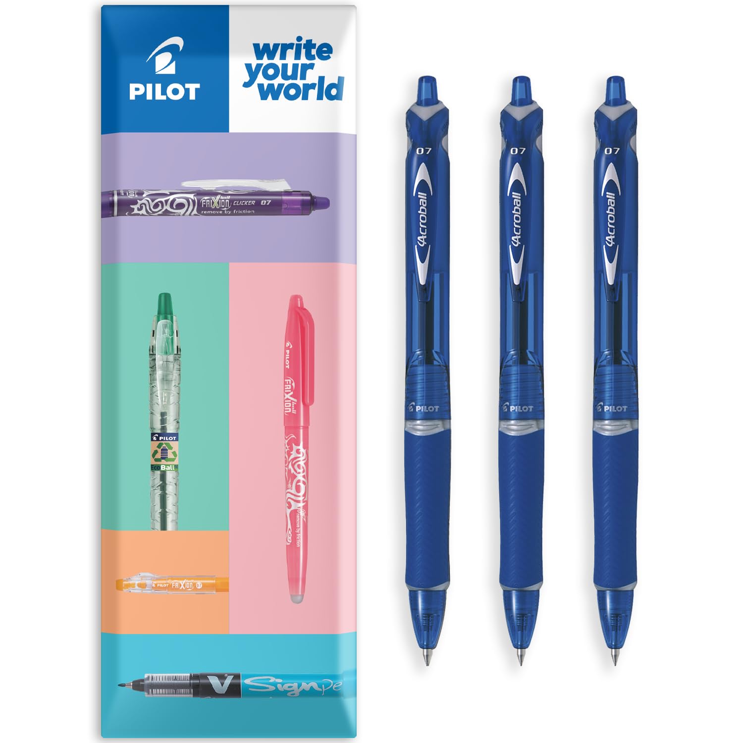 PILOT Acroball Retractable Ballpoint Pen - Begreen Range 79% Recycled - Pack of 3 Pens - Fine 0.7mm Nib - In Envelope Packaging - Ideal for Writing, School, Home, Office. (Blue)