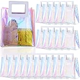 Lnrueg 20 Pcs Holographic Tote Bags, 7''x4''x8'' Clear PVC Tote Bags with Handles, clear holographic bag, Reusable Iridescent Gift Bag for Women Girl Wedding Party Shopping