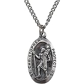Fine Oxidized Silver Tone St Christopher 1-3/8-inch Medal on 24-inch genuine rhodium-plated chain with Gift Box (SO8747)