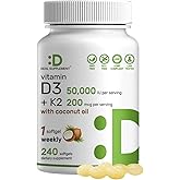 DEAL SUPPLEMENT Vitamin D3 50,000 IU + K2 MK7 200mcg Softgels, 240 Count | 2-in-1 Complex with Virgin Coconut Oil | Supports Heart, Bone, Teeth & Immune Health | Easy to Swallow