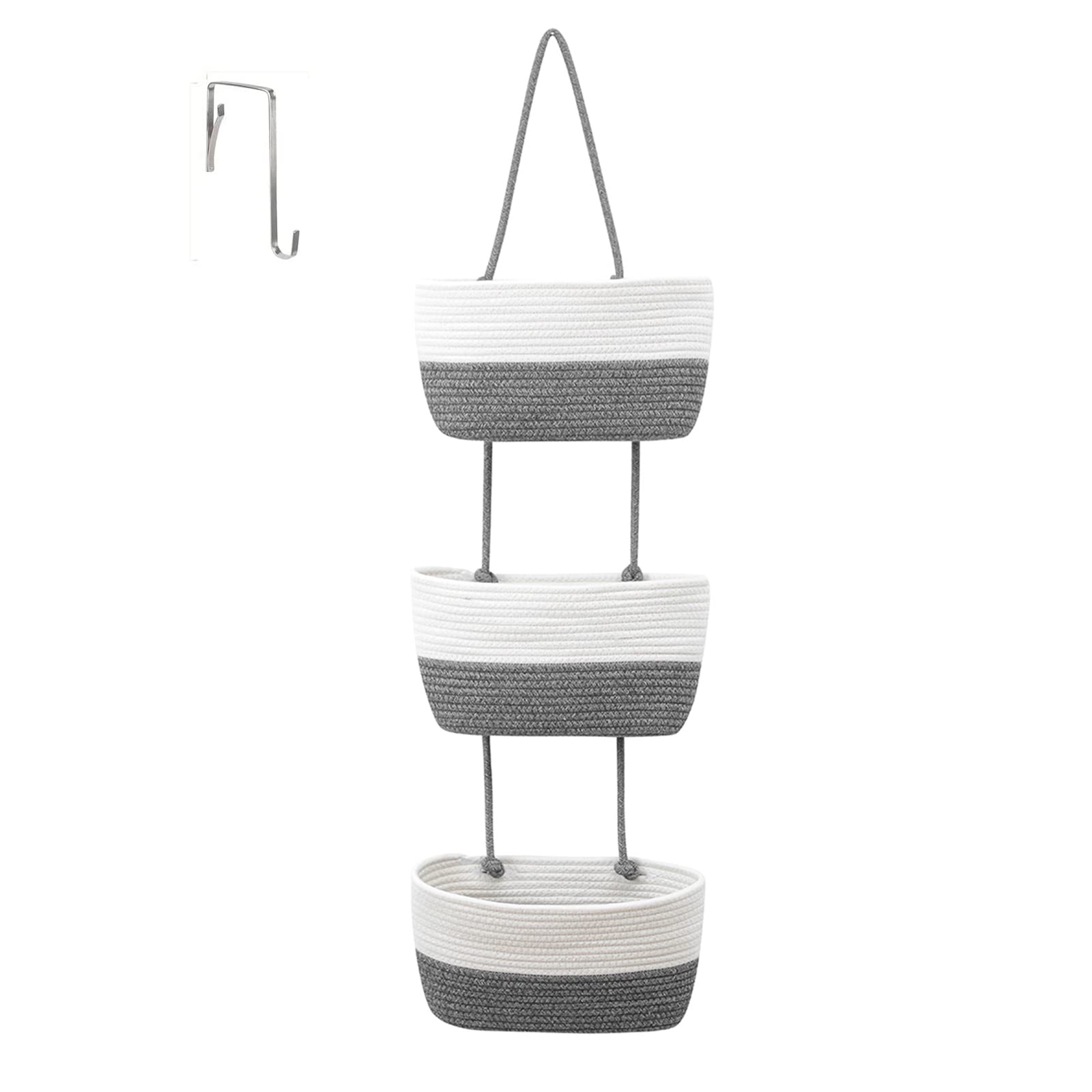 maxant 3-Tier Over the Door Hanging Basket, Wall Mount Storage Organiser Bag, Cotton Rope Woven Solution with Hook, Decorative Baskets for Bedroom, Living Room, Bathroom, Nursery (C), (UD0335)