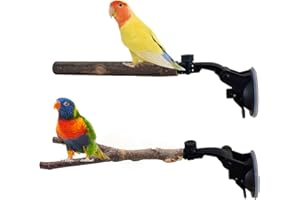 KEAJUIDY 2 PCS Parrot Perch Stand, Natural Wood Bird Perch with Suction Cup Parrots Cage Perch Toys Parrot Shower and Window Perch Stand Parrot Wall Bath Standing Rack for Bird, Cockatoo, Macaw, Parakeet