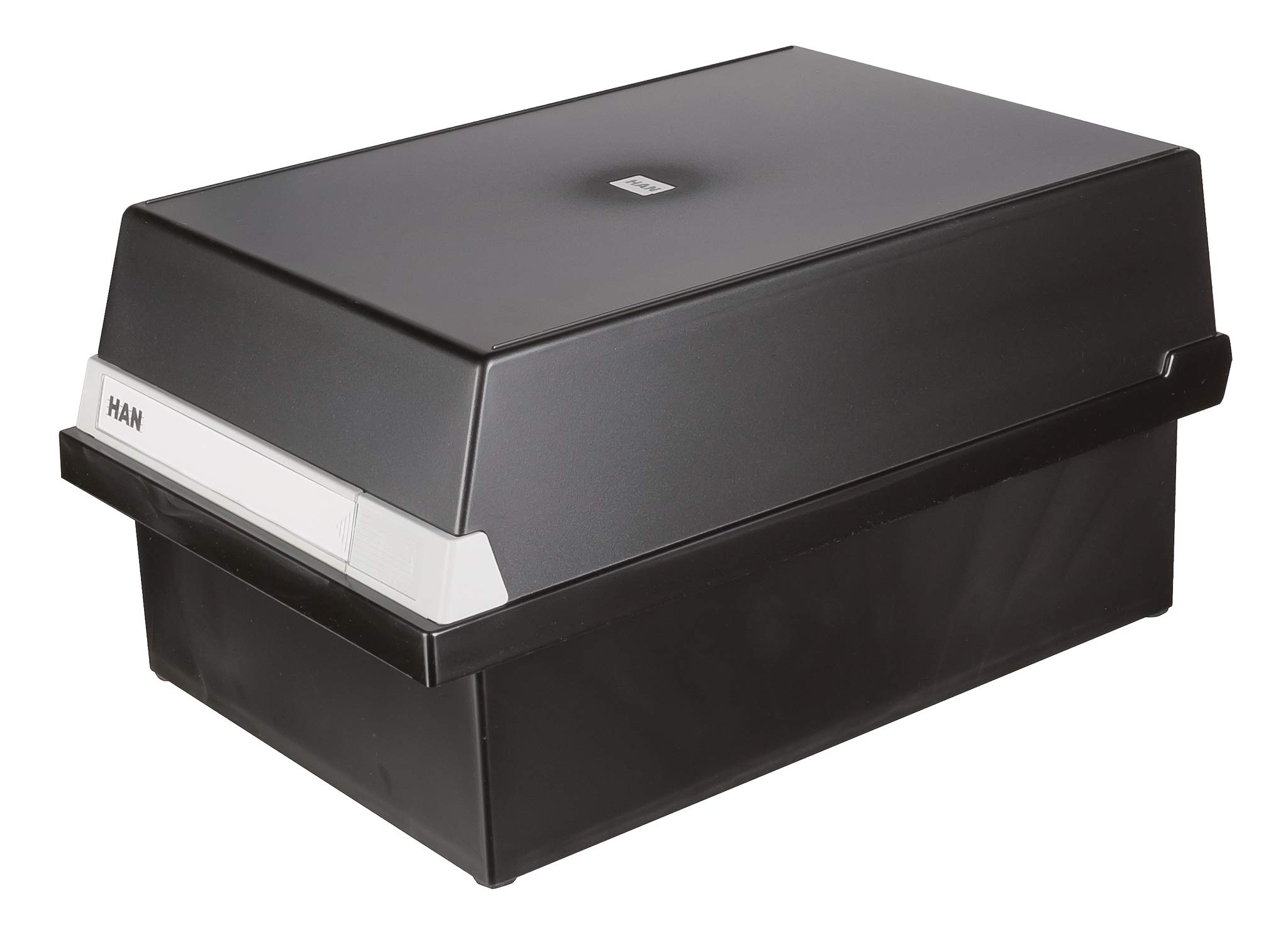 HAN 955-13, Card filing box A5 landscape. Innovative, attractive design holds 1,300 cards, readjustable lid supplied with large inscription label, black