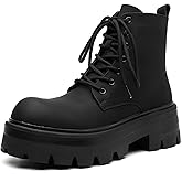 CrazySavage Men's Black Leather Lace-up Platform Combat Boots Wide Toe Side Zipper Chunky Heel Lug Sole Ankle Booties Comfort High Top Waterproof Biker Boots