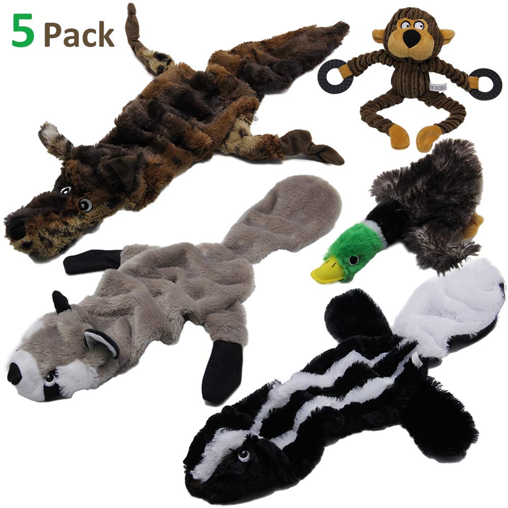 ATDAWN Squeaky Dog Toy, Unstuffed Dog Chew Toy, Value Pack 5 Plush Animal Dog Toy Set