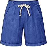 Fuwenni Women's Casual Elastic Waist Comfy Curling Knee Length Bermuda Shorts with Drawstring
