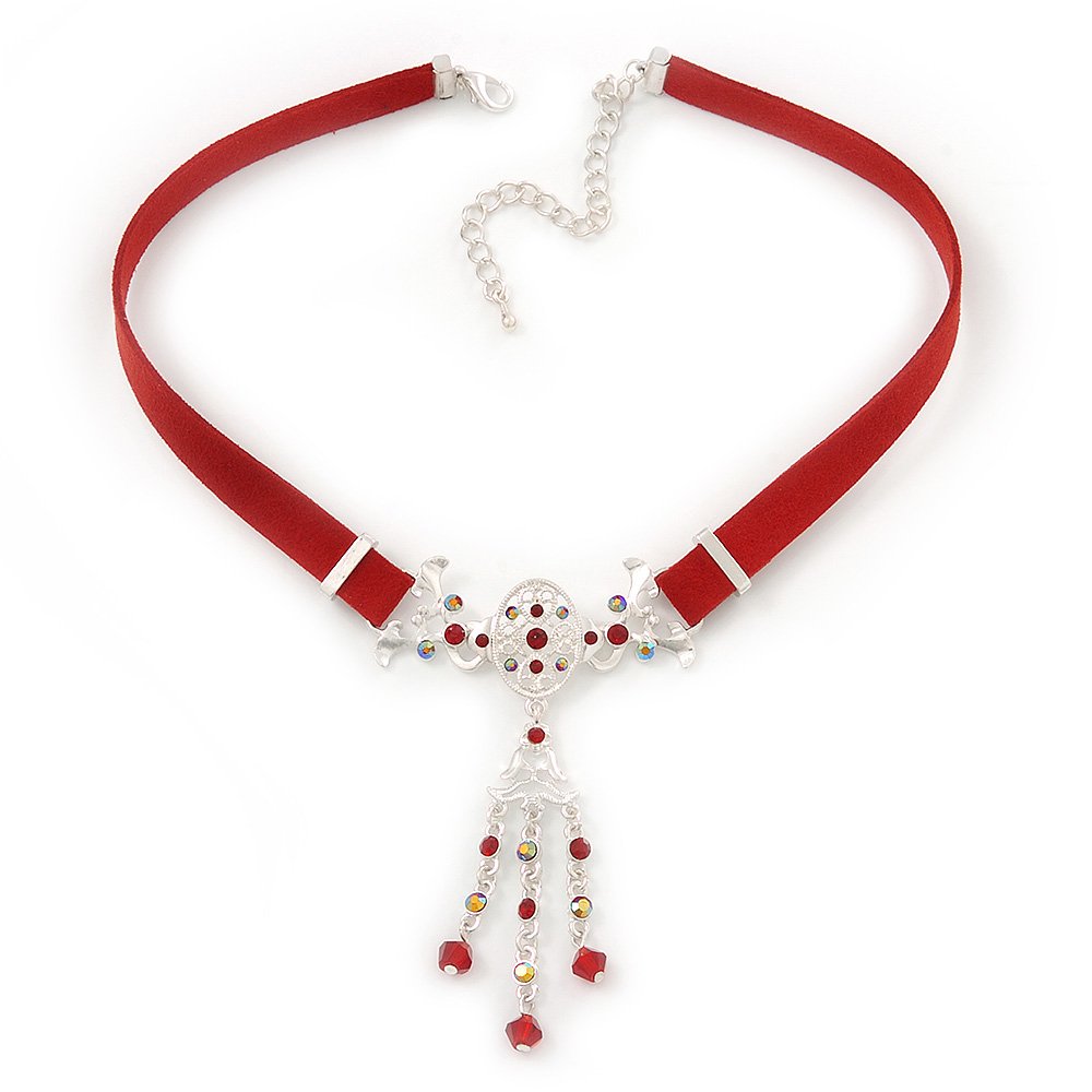 Avalaya Victorian Red Suede Style Crystal Choker Necklace/Silver Tone Metal/ 34cm L/ 7cm ext