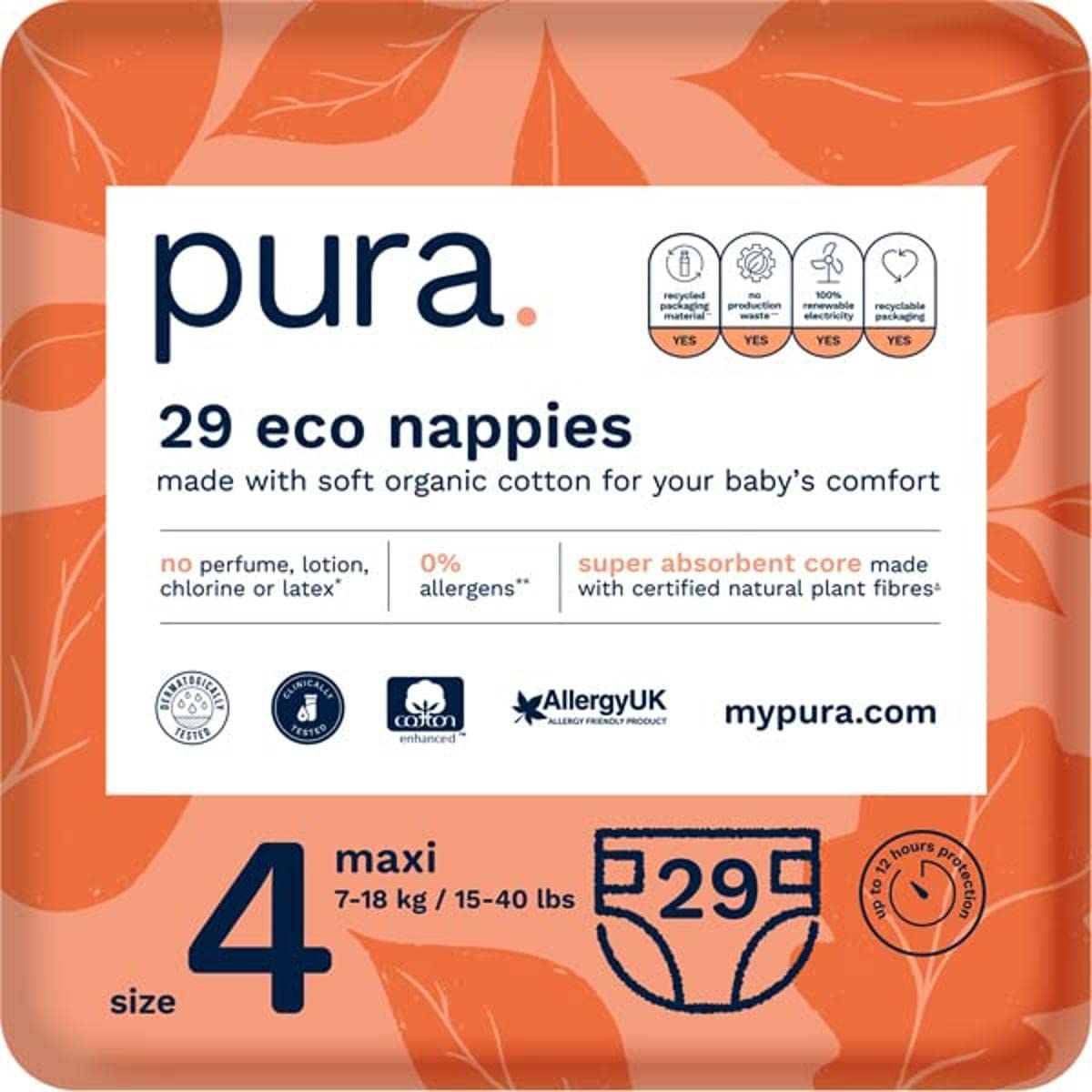 Pura Baby Toddler Nappies Size 4 (Maxi 7-18kg / 15-40 lbs) 1 Pack of 29 Nappies, Allergy UK Approved, Made with Organic Cotton, up to 12 hour Leakage Protection