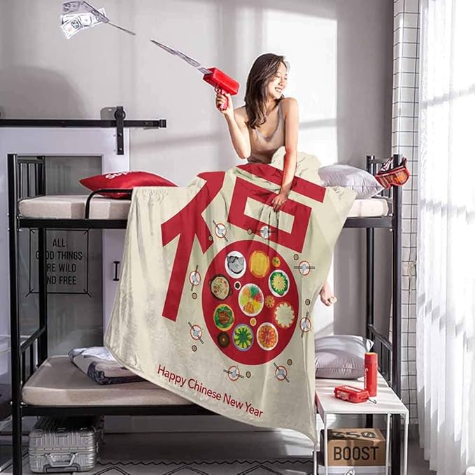 Chinese New Year Fleece Throw Blanket Festive Lunar Dinner