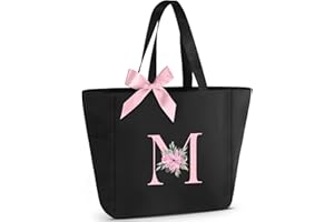 Vavabox Tote Bag, A-Z Initial Monogrammed Waterproof Tote Bag, Bridesmaid Gifts for Women, Black and Pink