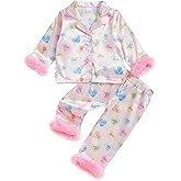 Kayotuas Kids Valentines Pajamas Girls Satin Pajama Set Toddler Heart Pjs Cute Button Down Shirt and Pants 2 Piece Sleepwear