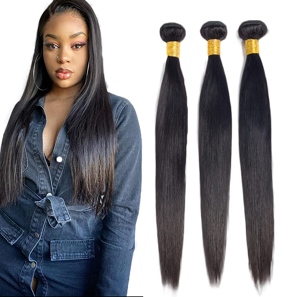 Photo 1 of #1B Straight Bundles Human Hair 16 18 20 Inch Natural Black Straight Bundle Human Hair Extensions Unprocessed Virgin Remy Hair 3 Bundle 50 Gram Per Bundle For Women