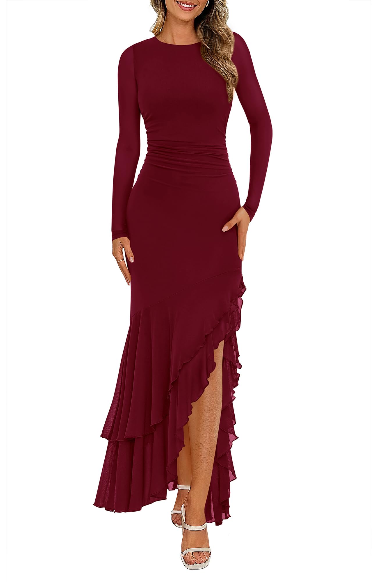 Photo 1 of BTFBM Women's Maxi Dresses Fall 2025 Long Sleeve Ruched Bodycon Solid Ruffle Mermaid Cocktail Wedding Guest Dress(Wine Red,Large)