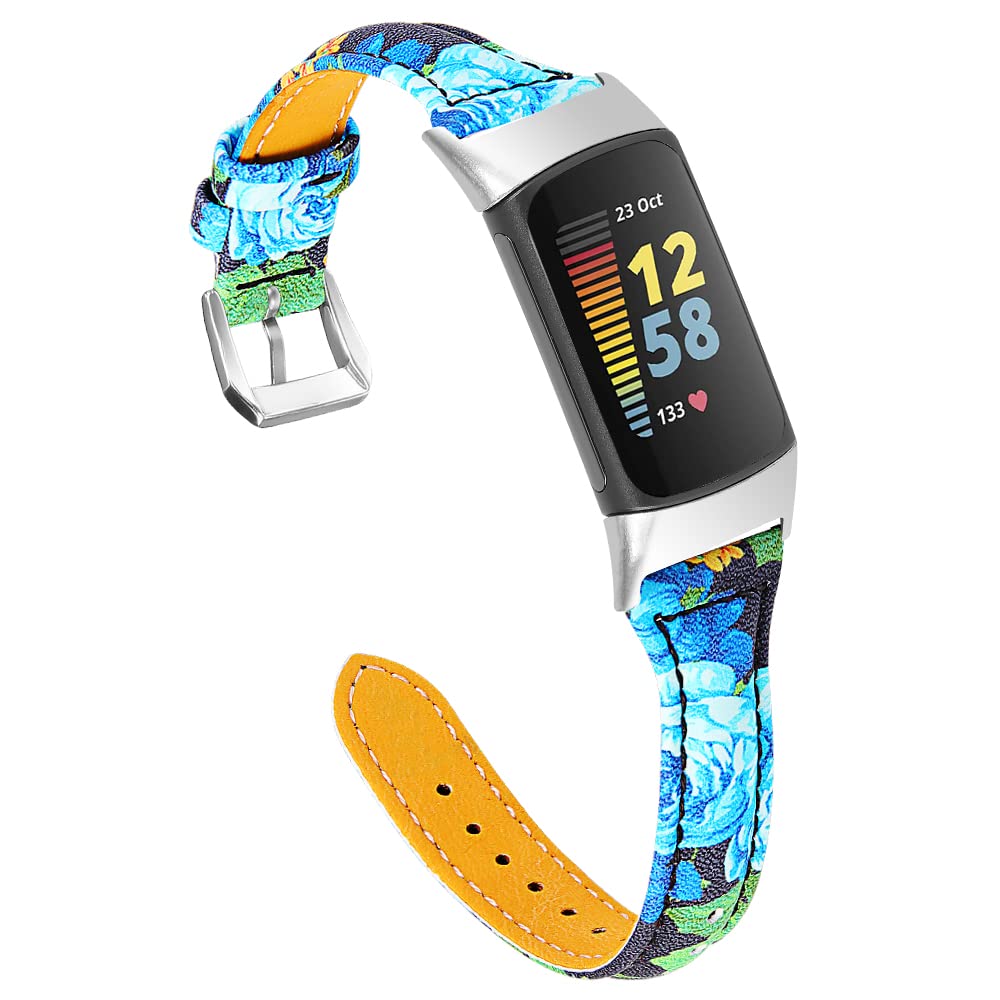 Gimuk Leather Strap Compatible with Fitbit Charge 5, Women Men Genuine Leather Sport Band Replacement Watch Strap Wristband Bracelet for Charge 5 Fitness Tracker (Blue/Green)