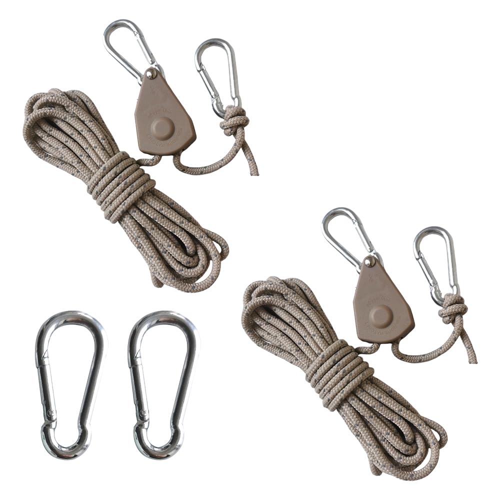 2 Pack 4M Heavy Duty Adjustable Ratchet Rope Hangers, Grow Light Hangers with Metal Snap Hooks & 2 Replacement Hooks, 4mm High Density Nylon Rope Ratchet for Grow Room Outdoor Camping Home Garage Use