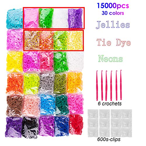 VENSEEN Rainbow Rubber Bands Bracelet Refill Kit, 15000 Loom Bands in 30 Colors with 600 Clips, 6 Hooks
