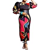 Women Colorful African Dress Floral Puff Long Sleeve Wedding Guest Party Pleated Maxi Dress