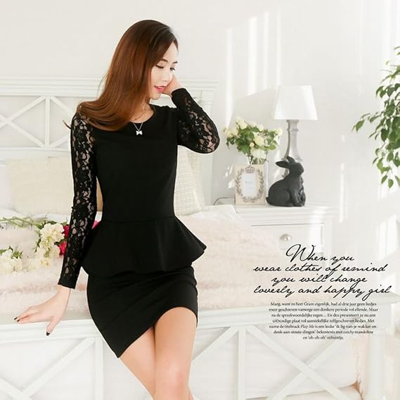 Amazon Sunny Angel シースルーレース切替 ペプラムドレス お呼ばれ パーティードレス ワンピース 長袖 黒 F Bk D324 ワンピース チュニック 通販