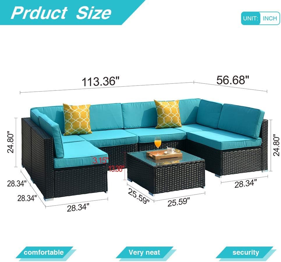 DKLGG 7 Pieces Patio Furniture, Outdoor Rattan Conversation Set, Blue : Garden & Outdoor