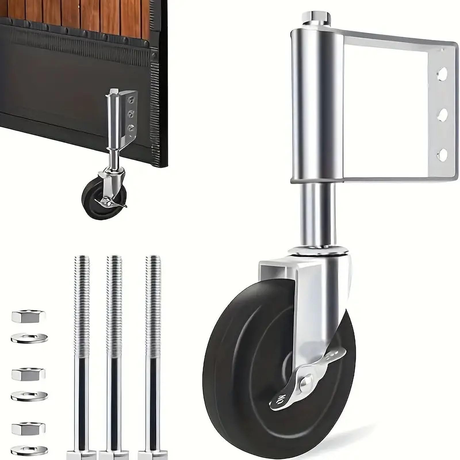 Gate Wheels, 4 Heavy Duty Gate Wheel, Spring Loaded Gate Caster for Fence Wooden Gate, Rotation Gate Roller with Brake