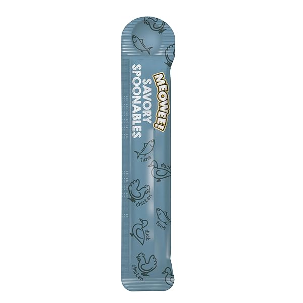 MEOWEE! SAVORY SPOONABLES WITH REAL TUNA, CHICKEN & DUCK, 4 COUNT TUBE, TRIPLE FLAVOR SQUEEZABLE LICKABLE WET TREATS FOR CATS WITH BUILT-IN SPOON FOR LESS MESS