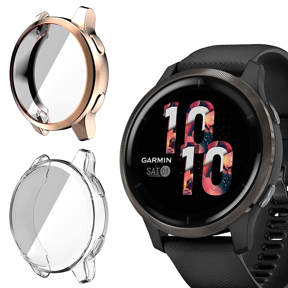Niboow Case [2 Pack] Compatible with Garmin Venu 2S, with Screen Protector, Flexible TPU Shockproof Scratch Proof Cover Case Compatible with Garmin Venu 2S - Rose Gold + Transparent — image 1