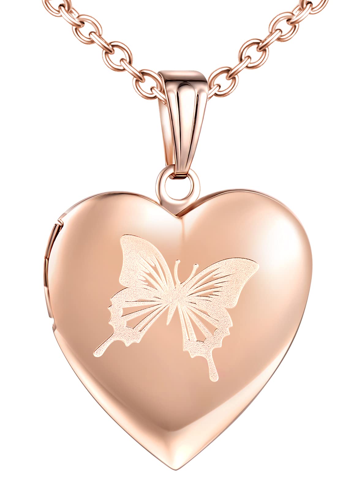 MicVivien Rose Gold Personalized Heart Locket Picture Necklace Stainless Steel Memory Photo Heart Pendant Necklace with Butterfly/Tree of Life/Plain Pattern