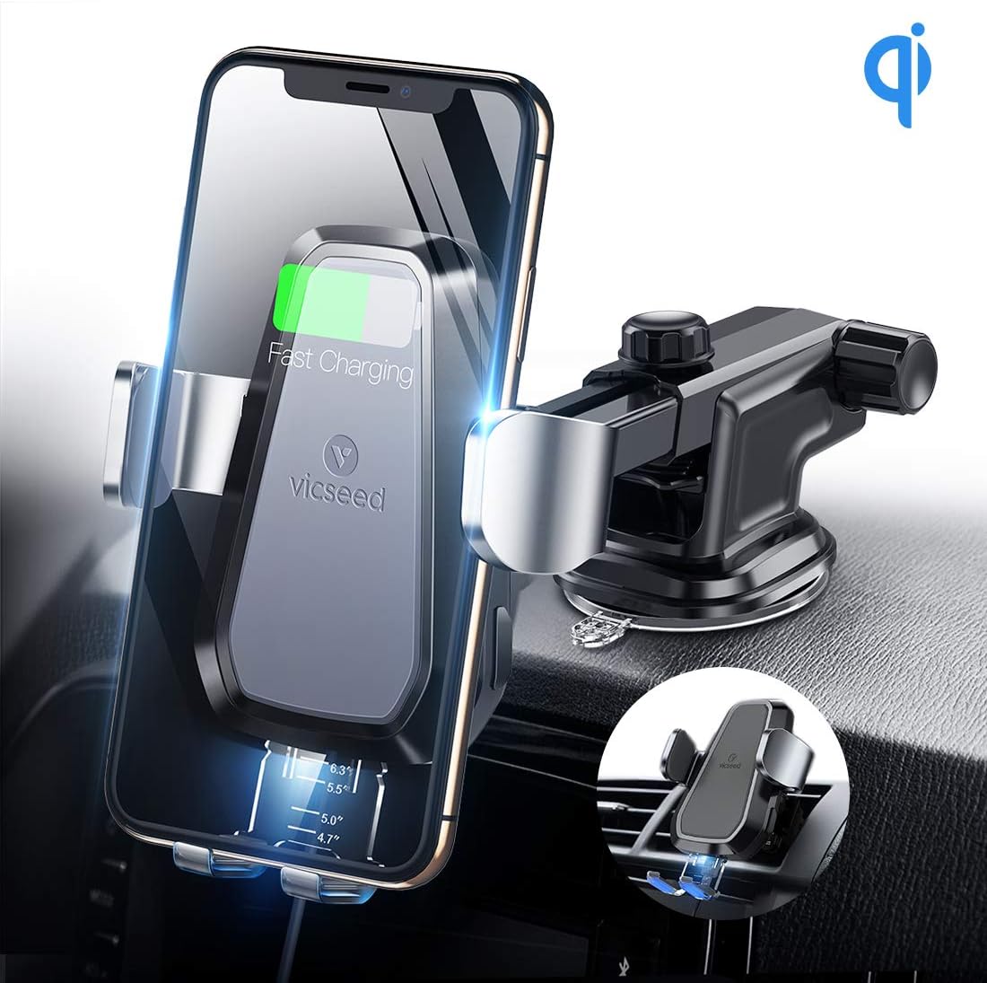 Wireless Car Charger Air Vent Auto Clamping Qi Fast Charging Mount Car Phone Holder Dashboard Compatible with Galaxy s9/s9 Plus/s8/s8 Plus /S7/s6, Compatible for iPhone 8/8 Plus/X/XS/XS Max/XR
