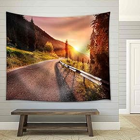 Road in The Mountains at Sunset in Kazakhstan - Fabric Wall Tapestry Home Decor - 51x60 inches