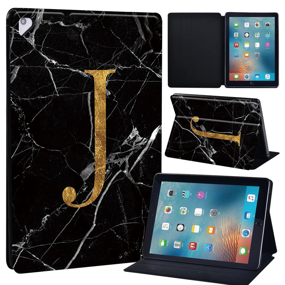 Initial Letter Leather slim lightweight Stand Cover Case for Apple New iPad 9.7 2018 2017(6th Gen, 5th Gen)/iPad Air 2/iPad Air/iPad Pro 9.7 Tablet with Auto Wake/Sleep (blackmarbleJ)