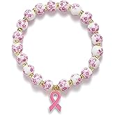RLHRNDE Breast Cancer Bracelets for Women Vintage Breast Cancer Awareness Accessories Flower Ceramic Stretch Handmade Bracelet Jewelry Gifts