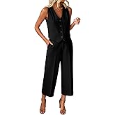 luvamia Pant Suits for Women Dressy Casual 2 Piece Sets Sleeveless Blazer Vest with Wide Leg Capri Pants Work Outfit