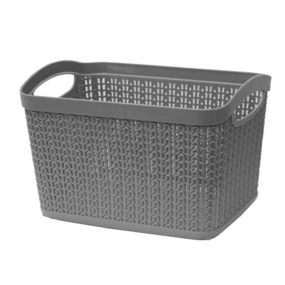 JVL 13-353GY Knit Design Loop Plastic Rectangular Small Storage Basket with Handles, Grey, 20 x 26 x 17 cm, 6.6 Litres